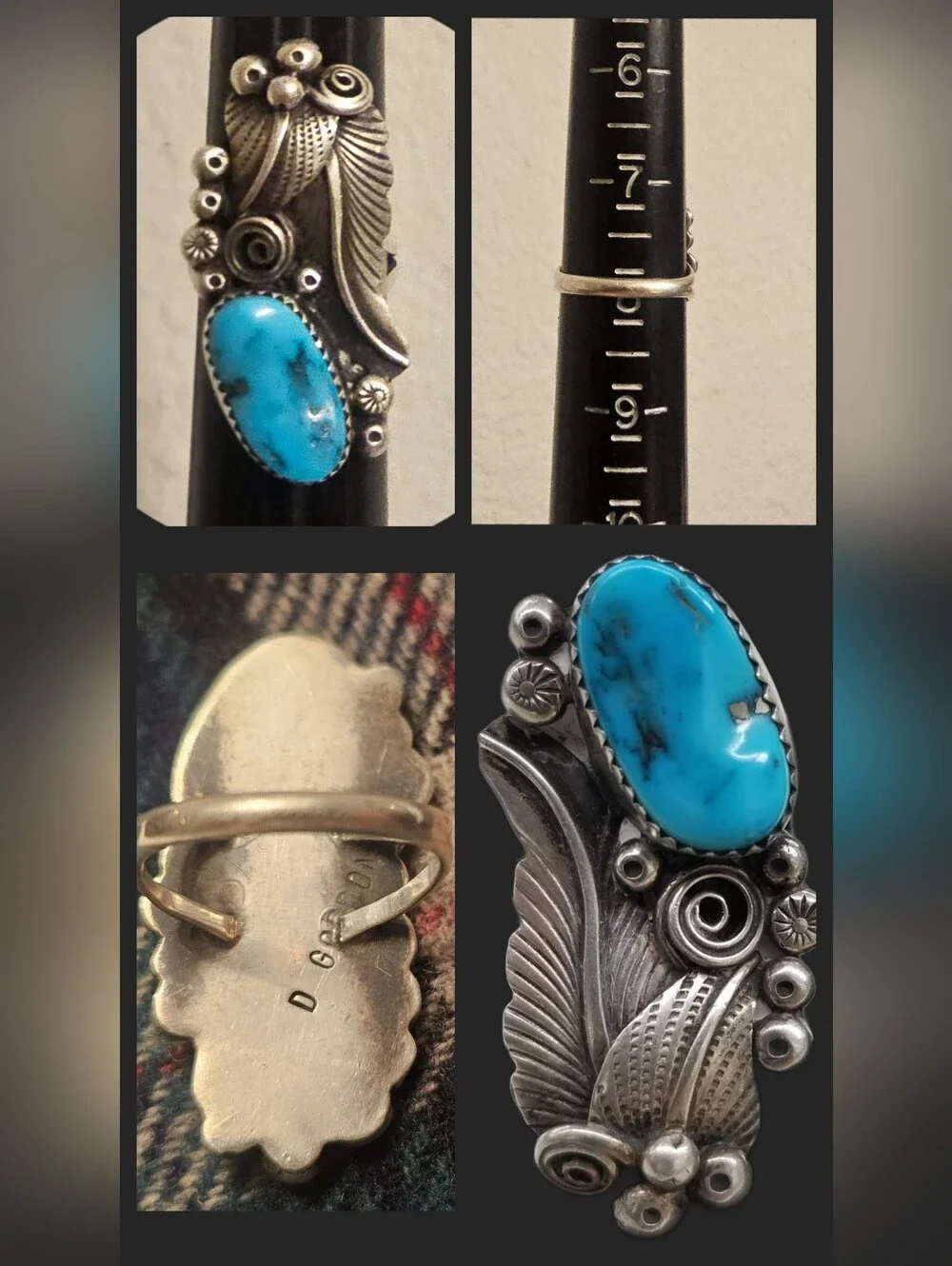 D Gordon Beautiful Vintage Native American Navajo Turquoise SS Ring Size 8